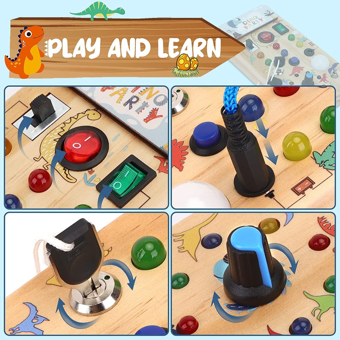 Hello Dinosaur Montessori Busy Board for 1 year old Montessori toy with 8 LED light switch toy Activity Board Wooden toy Motor skills toy Sensory learning toy for babies