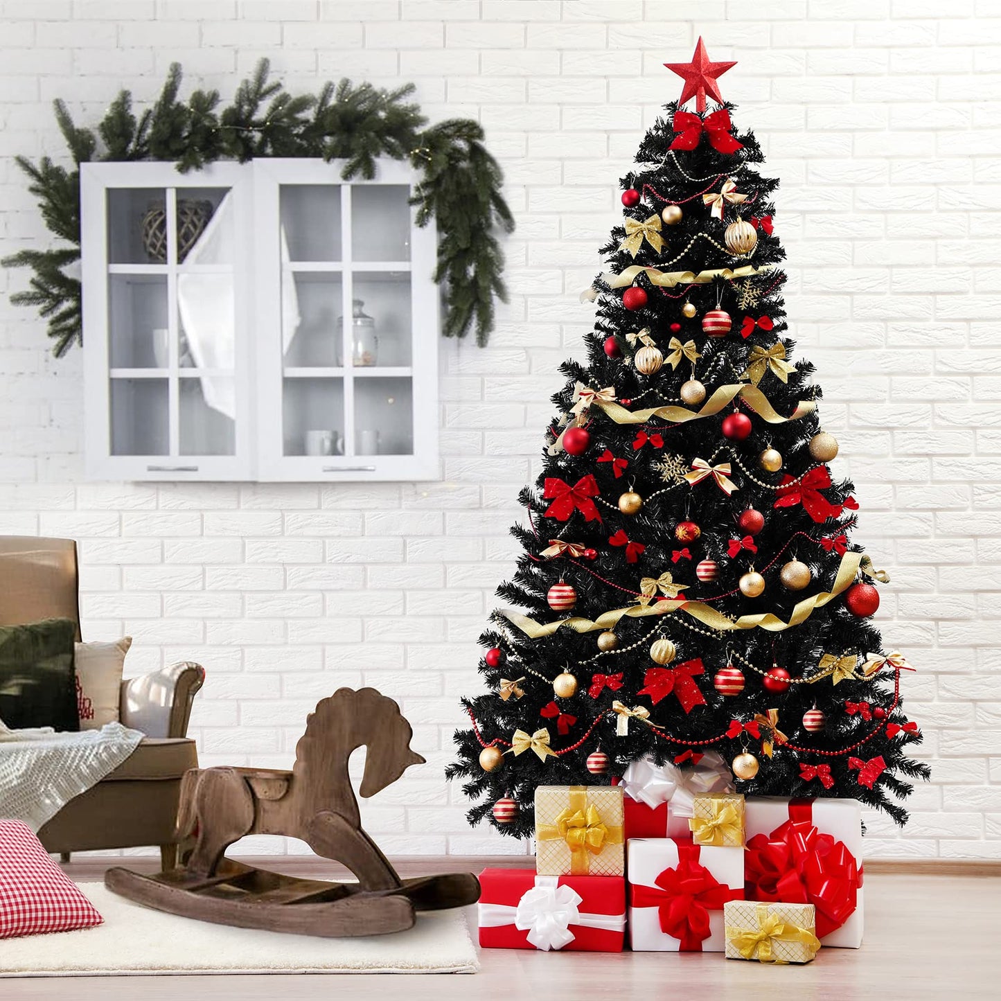 SALCAR Artificial Christmas Tree 180 cm Black, Artificial Pine Tree with Gloves and Metal Stand, Christmas Trees as Indoor Christmas Decorations