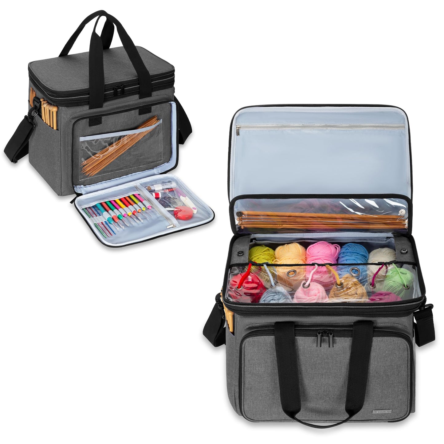 Teamoy storage bag for yarn, suitable for carrying knitting/crochet yarn and accessories, with double lids (accessories not included), Gray.