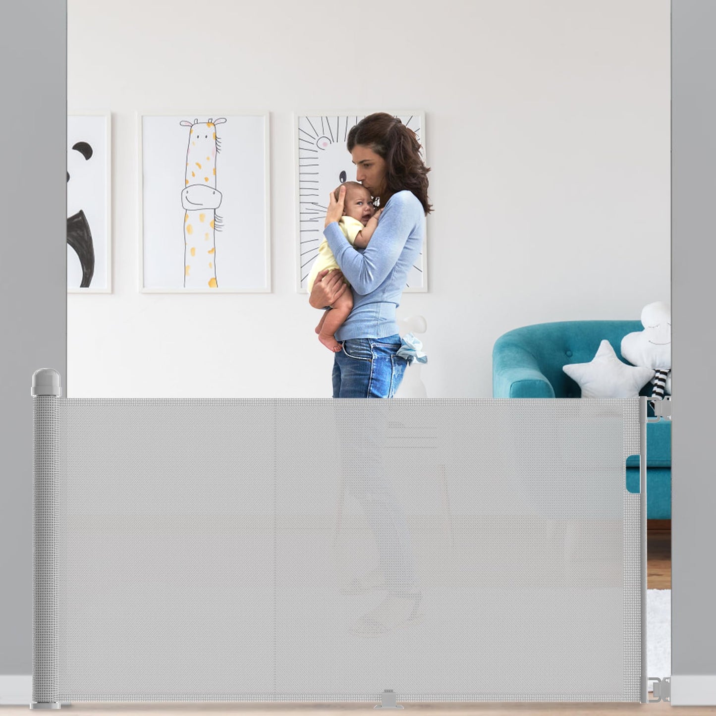 VA-Cerulean Stair Gate Door Gate Retractable for Kids and Baby, 300 cm Lockable Dog Gate Barrier, Stair Gate Pet Barrier, Gray