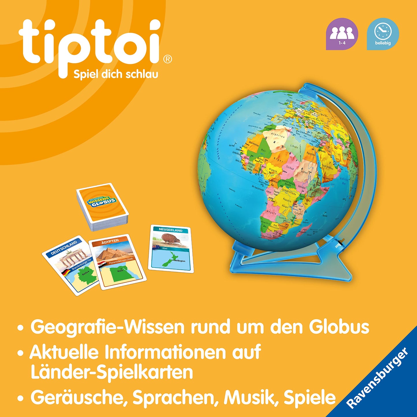 Ravensburger tiptoi Game 00107 - The Interactive Knowledge Globe - Educational globe for children aged 7 and up, informative globe for boys and girls, for 1-4 players