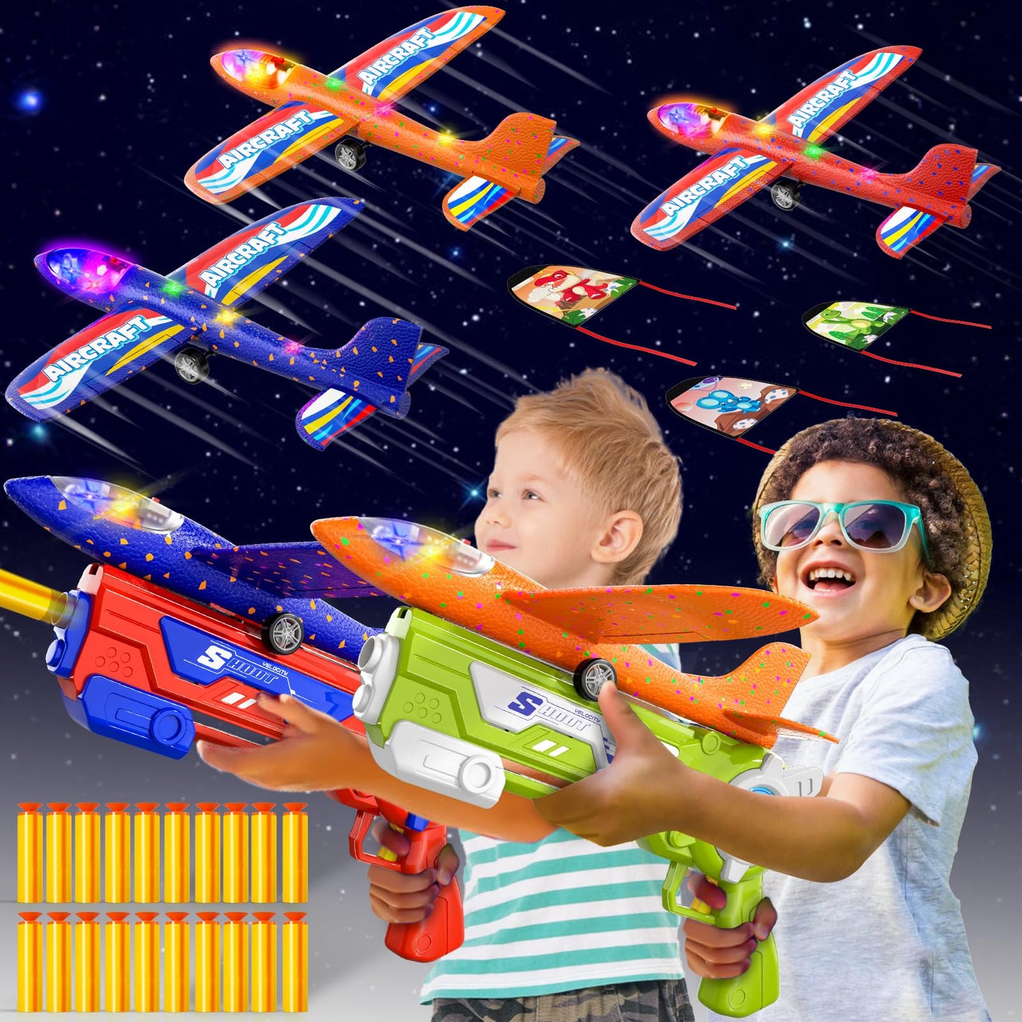 Doloowee 4 IN 1 Airplane Launcher Toy, LED Foam Glider Aircraft Catapult, 3 Flight Modes, Outdoor Sport Flying Toy for 3-12 Year Old Boys Girls Birthday Gifts (Blue+Green)