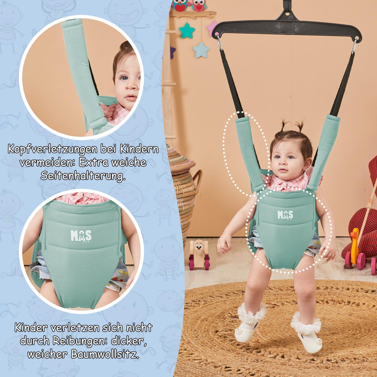 MOAS SHOP® Door Jumper Baby: Door Swing Baby, Baby Jumper, Age 4-24 months, Max Capacity 13kg, Ergonomic Seat with Harness, Adjustable Height, Door Frame Swing, Steel Anchor, Wipeable | Turquoise |