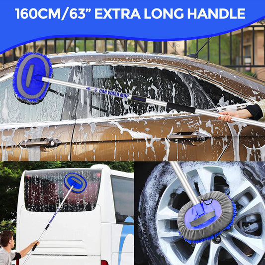 160cm 63'' Car Wash Brush with Telescopic Handle RV Car Wash Brush Cleaning Set Microfiber Towels Car Cleaning Brush Set for Truck Trailer Vehicle 2 In 1 Anti-Scratch Telescopic Brush Mop Replacement