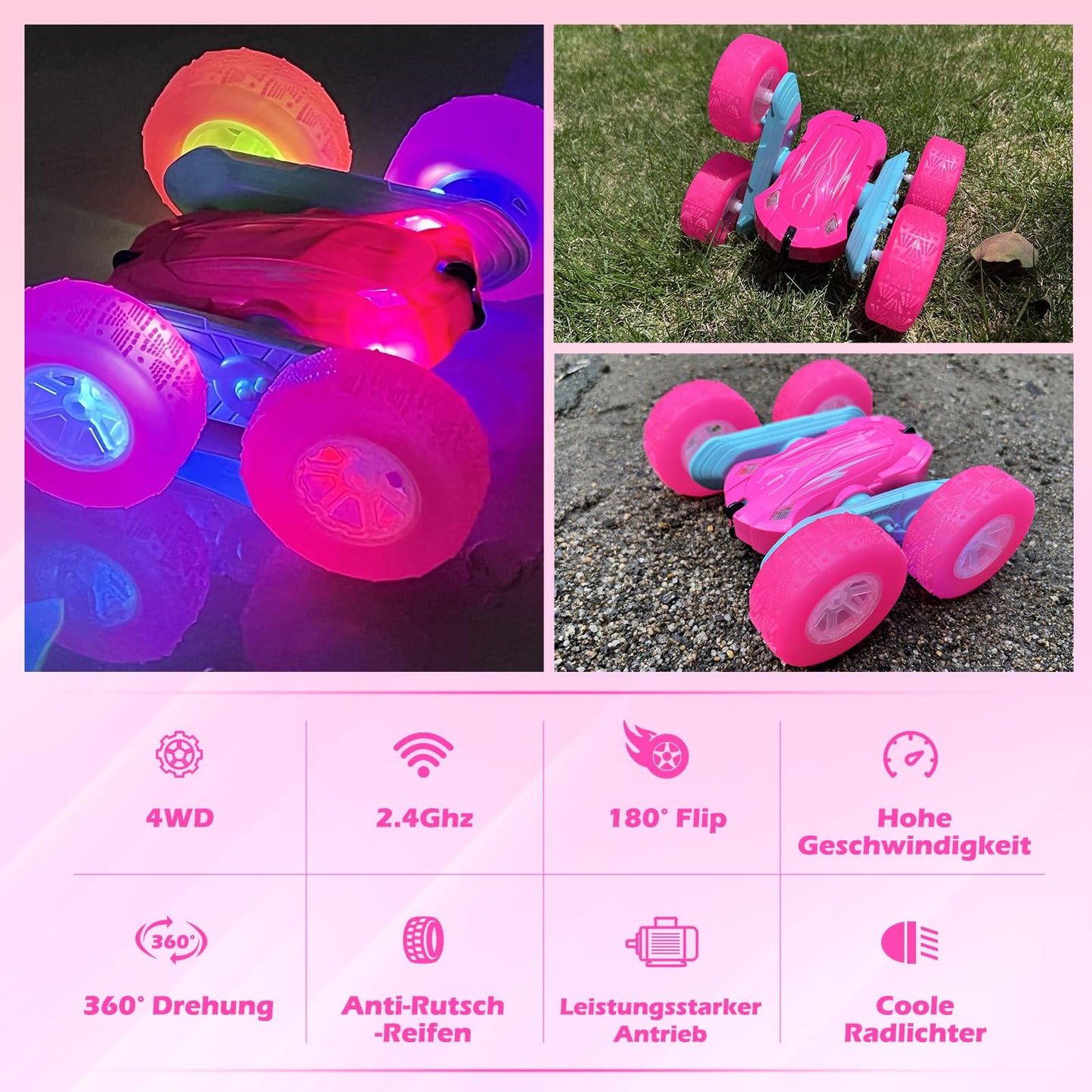Rodzon Remote Control Car Crawler for Girls Ages 3 4 5 6 7 8 9+ LED Blinking Toy Girls Gifts Kids Toy 2.4Ghz 4WD 360° Flip RC Car with 2 Rechargeable Batteries (Pink)