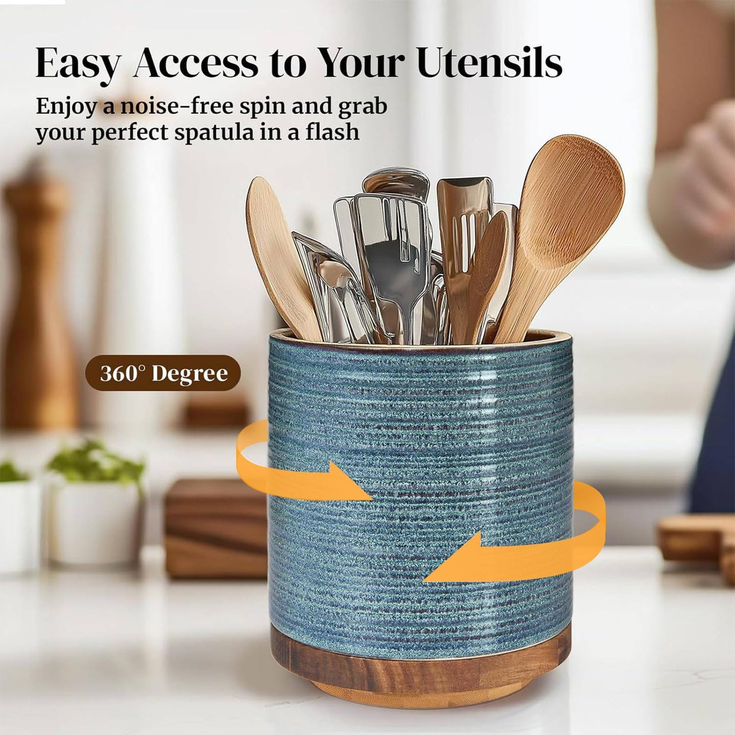 DOWAN Utensil Holder, 360° Rotating Large Kitchen Utensil Holder, Ceramic Utensil Holder for Countertop, Utensil Pot for Kitchen Decoration, Utensil Holder, Reactive Glaze Blue