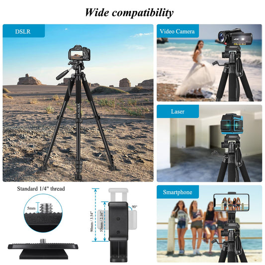 Victiv Camera Tripod with 52–160-185cm height, lightweight tripod with detachable 3-way head, aluminum camera stand for DSLR Canon Nikon Sony, tripod for smartphone with phone holder.