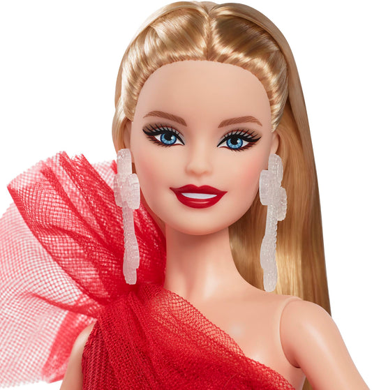Barbie Signature Doll, Holiday Blonde Fashion Doll wearing gown with plaid skirt, seasonal collector gift in displayable packaging, HRM65.