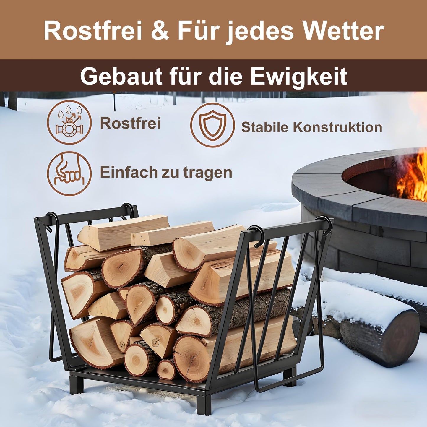 Amagabeli Firewood Basket 35 x 32 x 32cm Fireplace Wood Basket Metal Firewood Basket Wooden Cradle Fireplace made of steel with handle carrying basket for wood carrying basket wood carrier for wood stove log carrier