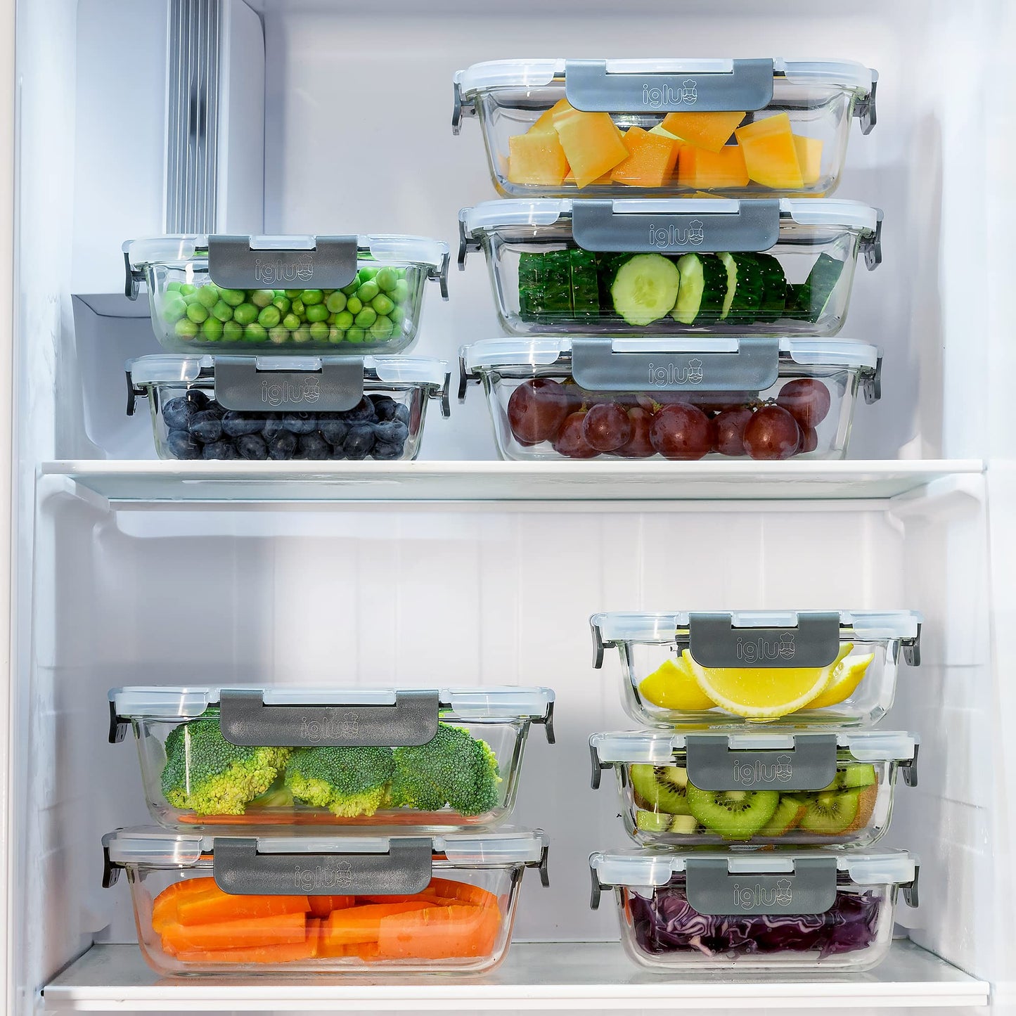 Igluu Meal Prep Glass Food Storage Containers with BPA-free lid (10-pack) - microwave, oven, freezer, dishwasher safe, leak-proof - 370 & 1050 ml - durable borosilicate glass.