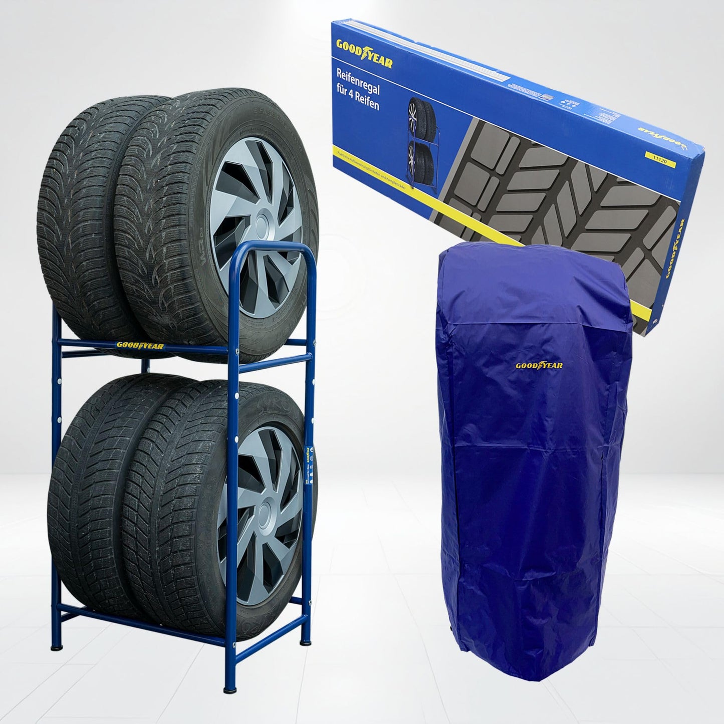 Goodyear tire rack for 4 tires, space-saving storage, height-adjustable, 2 levels, maximum load capacity up to 120 kg, blue.