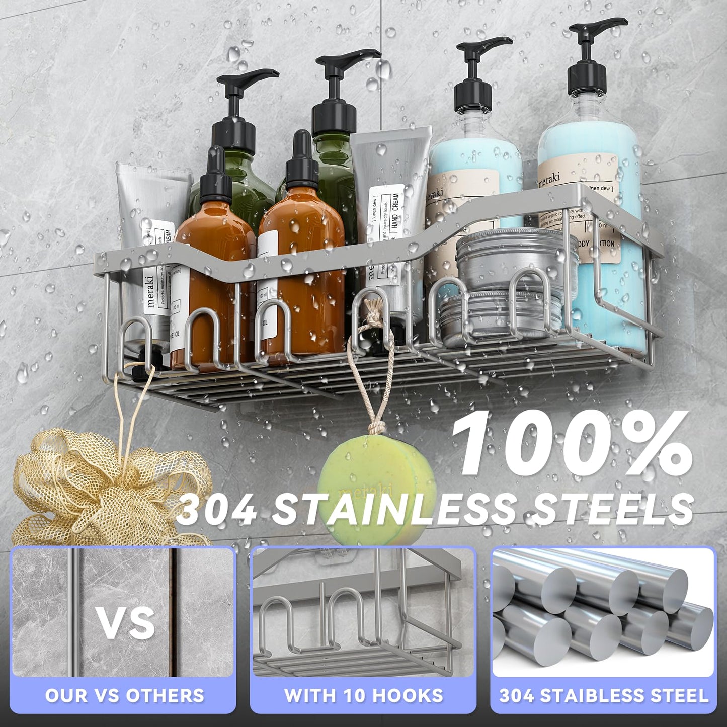 Rigors shower shelf without drilling, 6 pieces bathroom shelf with hairdryer holder and hooks, stainless steel shower caddy wall mounted, self-adhesive bathroom organizer for bath and kitchen Silver