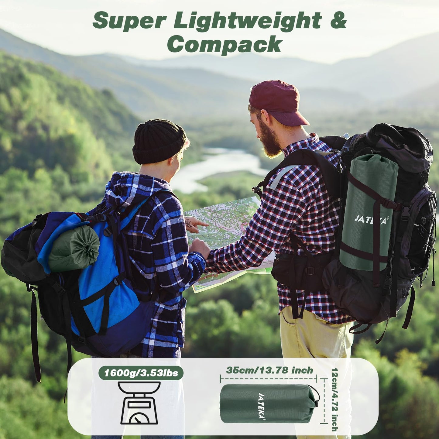 Self-inflating sleeping mat, JATEKA inflatable mat for 2 people for camping. Sleeping mat with pillow & foot pump. Compact lightweight air mattress for camping, backpacking, hiking, and travel tent.