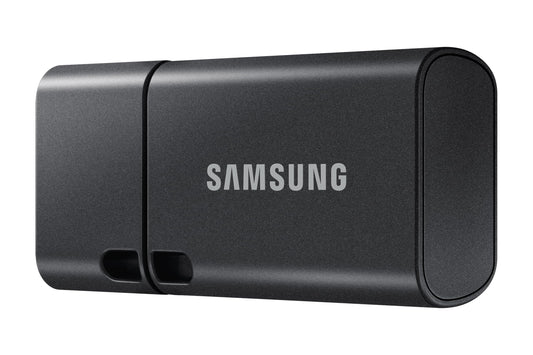 Samsung USB-C flash drive, 512GB capacity, with read speeds up to 400MB/s and write speeds up to 110MB/s. Compatible with notebooks, tablets, and smartphones. Color: Titan Gray. Model: MUF-512DA4/APC.