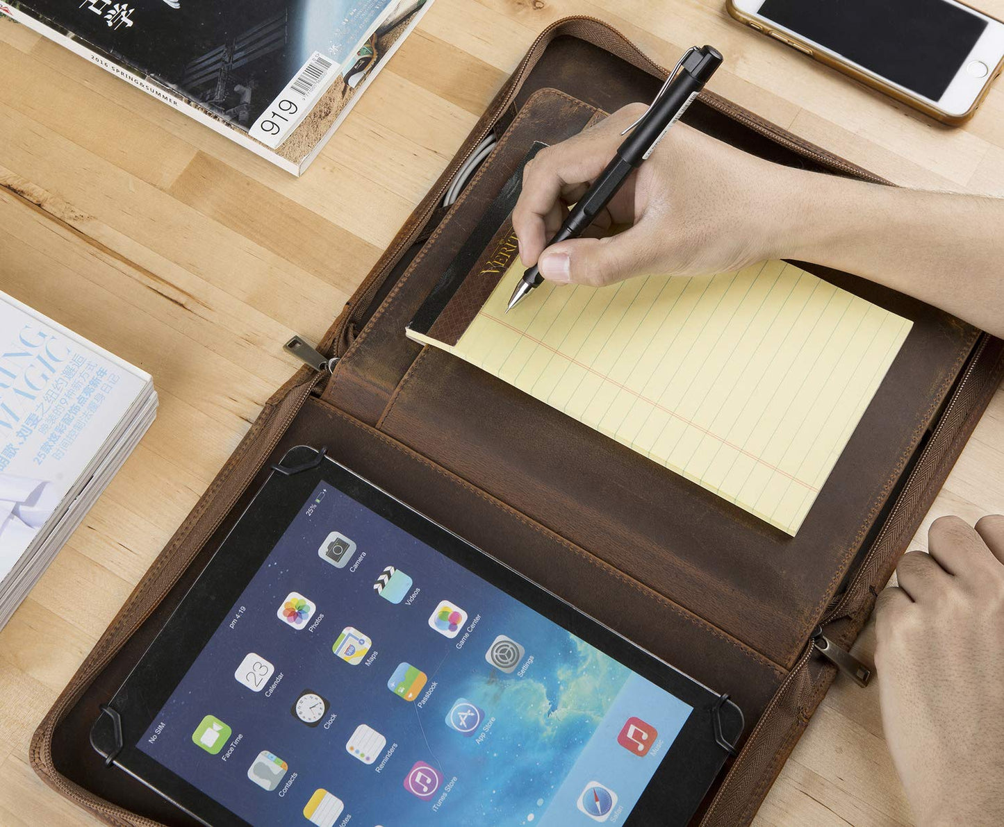 Conference folder A5, leather document case with a5 clipboard/note pad, document organizer folder for iPad Pro 9.7/10.5/11 inches, business/meeting/school folder.