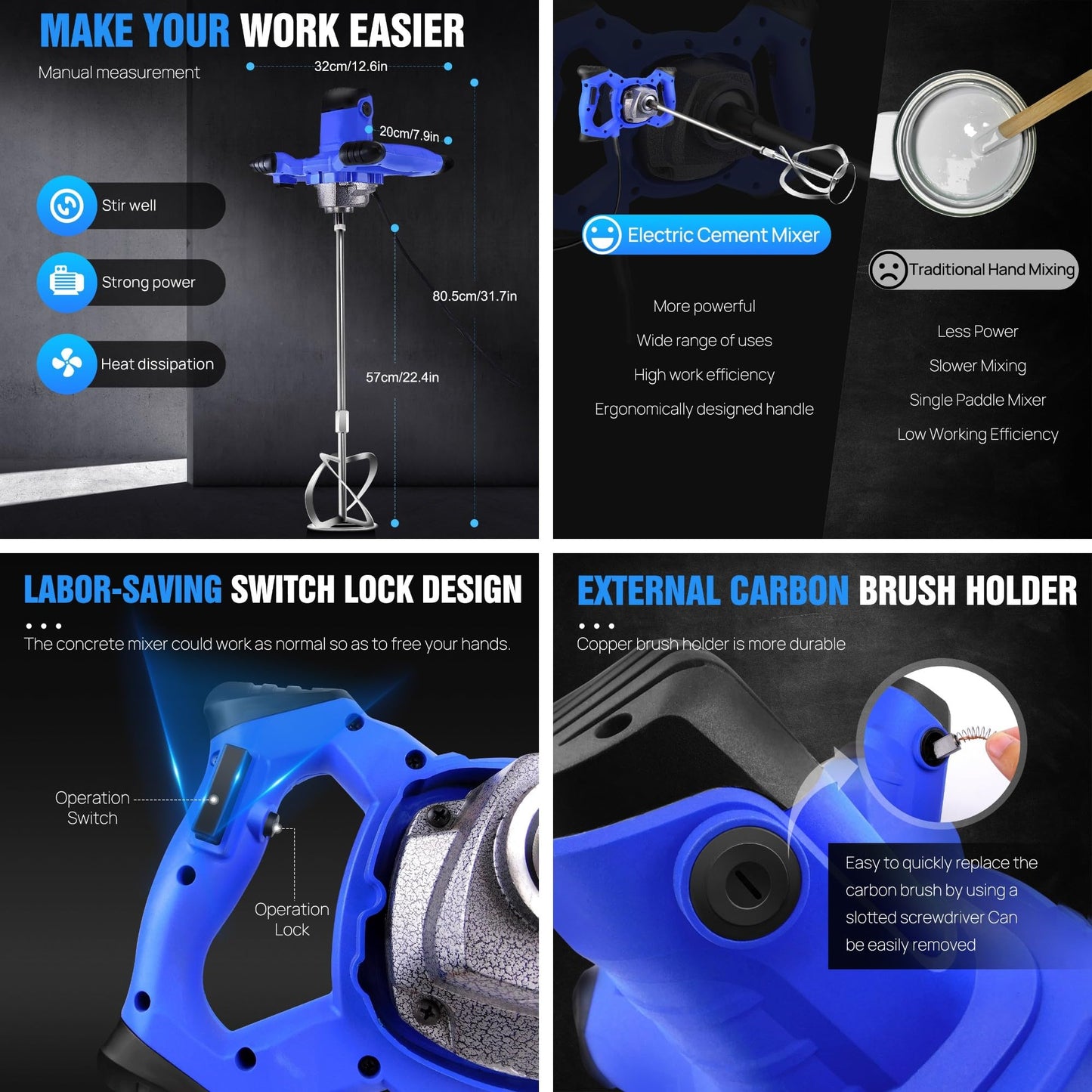 2600W stirrer for paint, concrete, mortar, plaster, adhesive, and cement. Features 6-speed gearbox, soft start function, lockable switch, 0-1700 RPM speed, and M14 interface stirring rod.