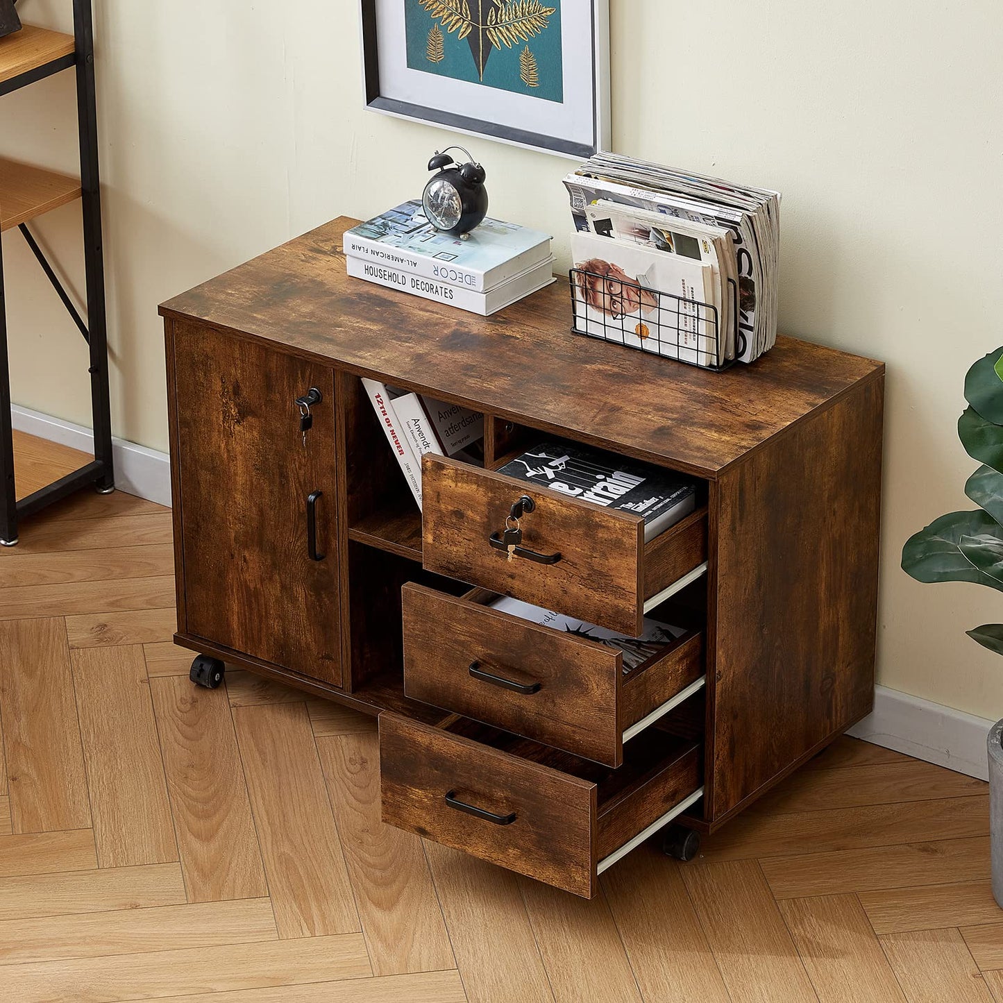 OFCASA Mobile File Cabinet with 3 drawers, lockable office rolling cabinet with wheels, 1 door, 2 shelves, 2 locks, industrial wood storage cabinet for home office, 90 x 40 x 55 cm