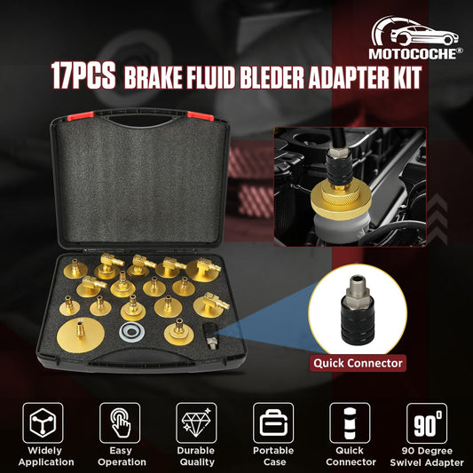 17-piece brake bleeding tool kit with quick adapter, metal brake bleeding adapters for vehicles, brake fluid reservoir adapter suitable for 90% of brake bleeding sets.