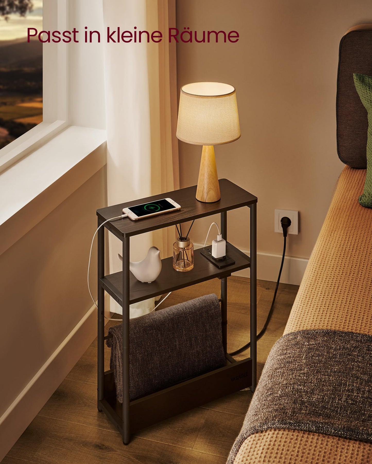 VASAGLE Narrow Side Table, Nightstand with Charging Function, Small Coffee Table, 3 Shelves, Magazine Holder, for Living Room, Bedroom, Home Office, Ebony Black-Ink Black LET335B02