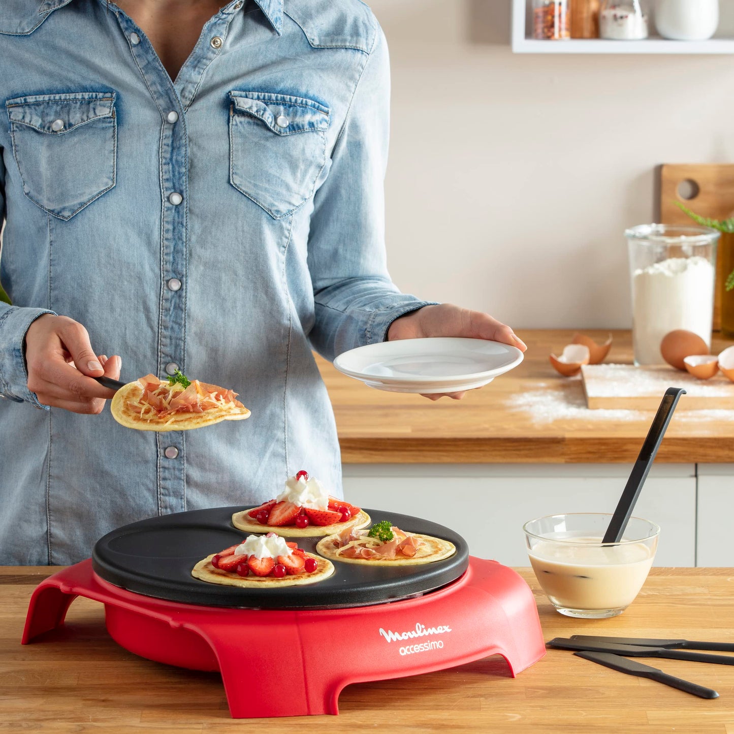 Moulinex Accessimo PY312511 Party Crepe Pancake Set, non-stick coating, thermoplastic insulation system, thermoplastic, Red