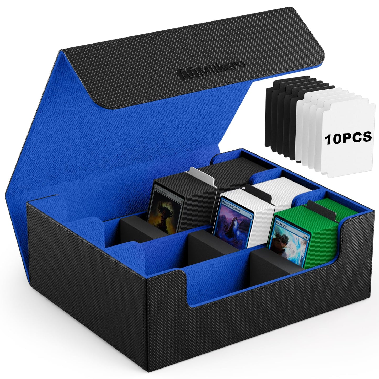 Mlikero card storage box for 1800+ cards, Magnetic card deck box fits MTG and sports cards, Premium Commander card deck box with 10 compatible card dividers (Black&Blue)