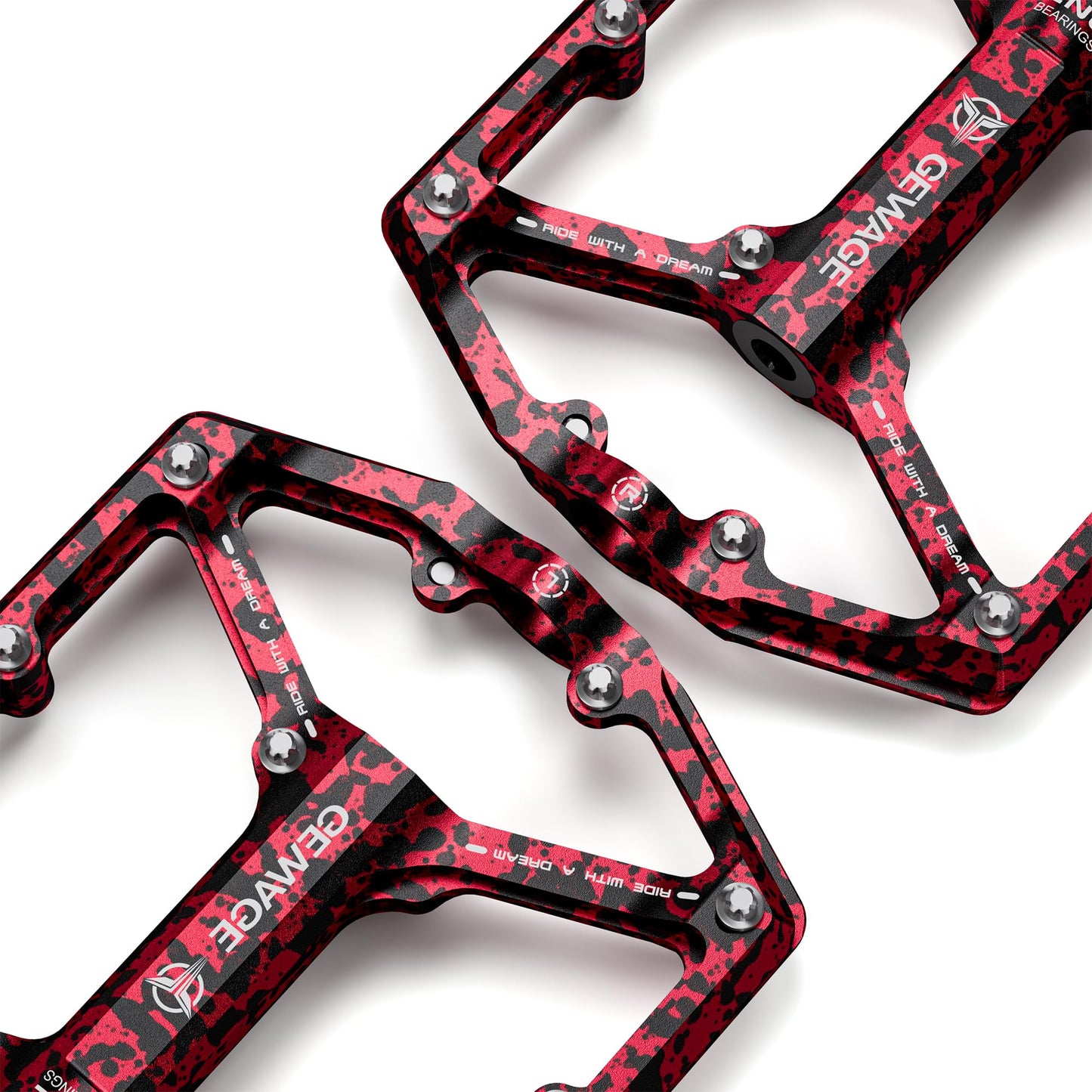 DARING Road/Mountain Bike Pedals - 3 Bearing Bike Pedals - CNC-machined 9/16-inch Flat Pedals with Removable Anti-slip Pins (Red Camouflage)