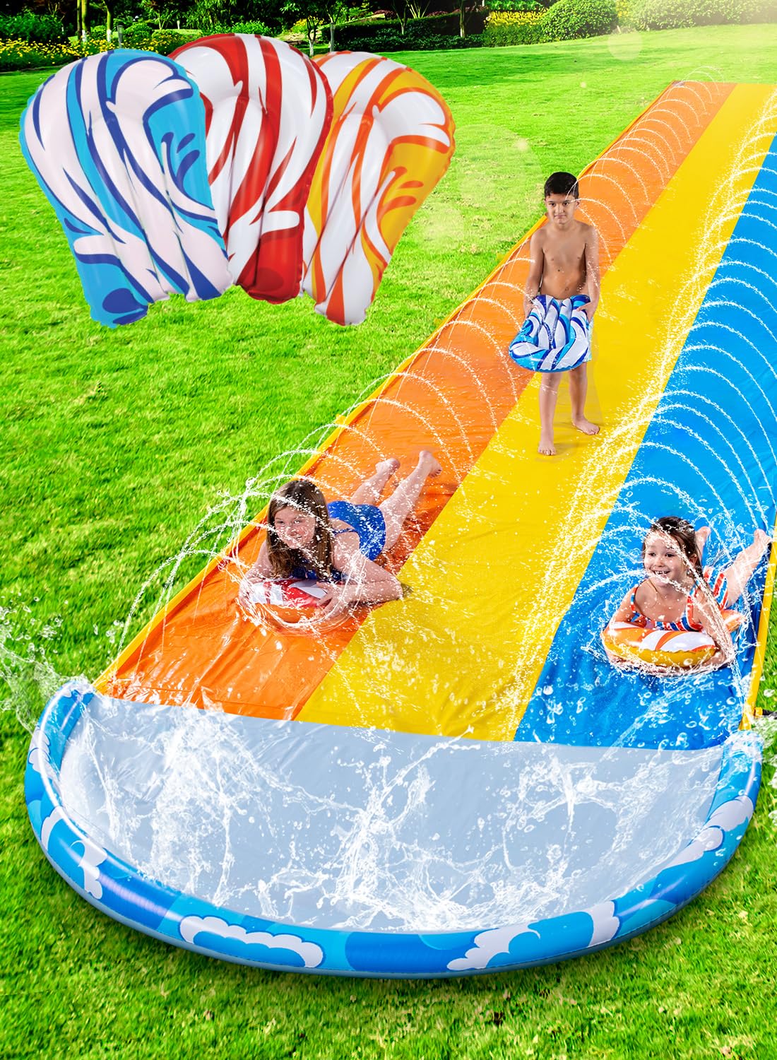 JOYIN 22.6ft Triple Water Slide and 3 Boogie Boards, durable lawn water slides, water slide and sprinkler for kids, adults, backyard, summer, water toys, outdoor fun.