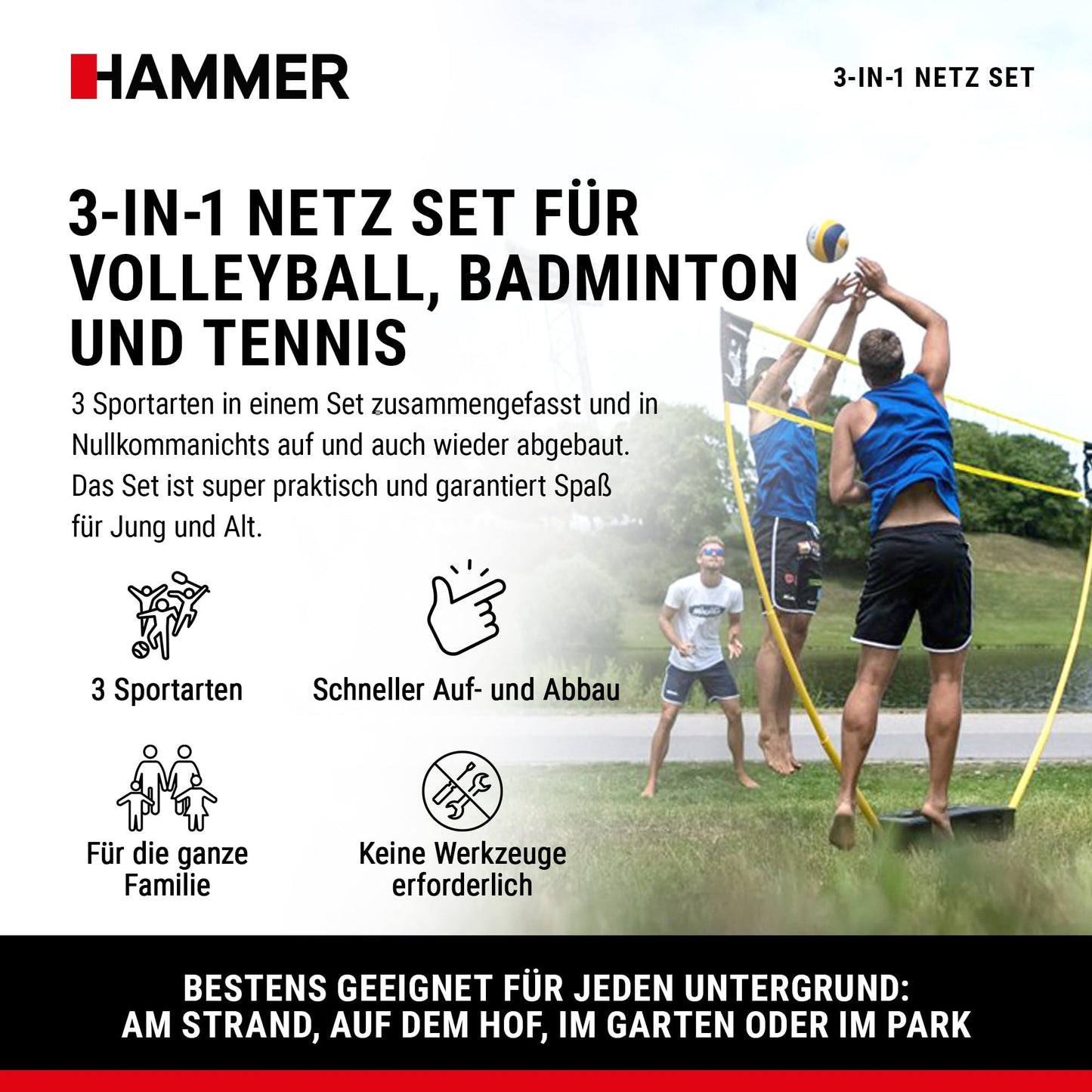 HAMMER 3 in 1 Net Set for Volleyball, Badminton & Tennis, fun for all ages, with carrying case/post stand, easy setup, quick to store and easy to transport.