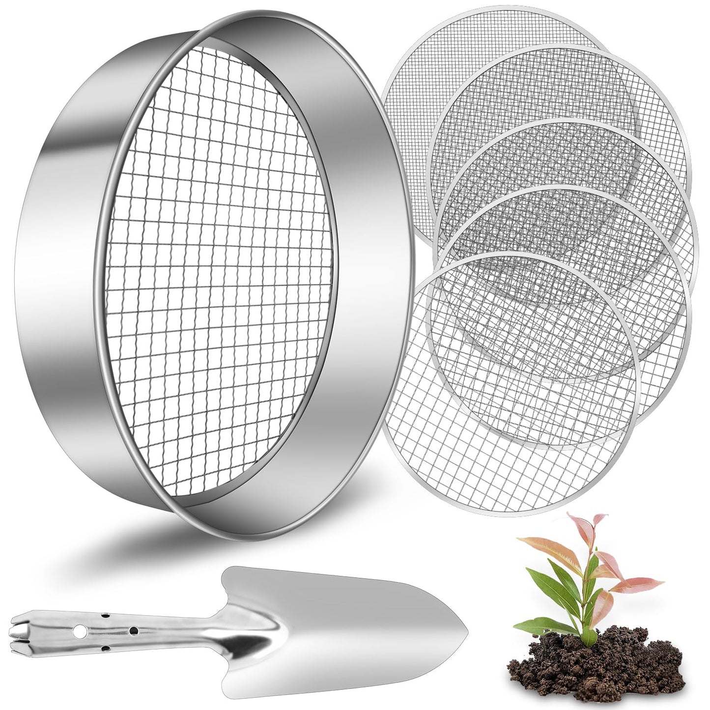 Jazlyvex 30 cm garden sieve with 5 interchangeable, stainless steel compost sieves for sifting soil, compost, and sand, includes a garden shovel.