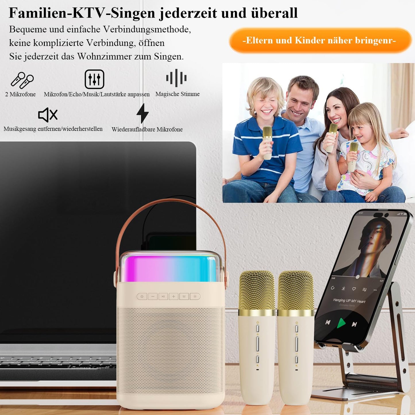 Karaoke machine with 2 wireless microphones, portable Bluetooth karaoke speaker with LED lights for home party, gift for birthday, Christmas, toy for girls and boys.