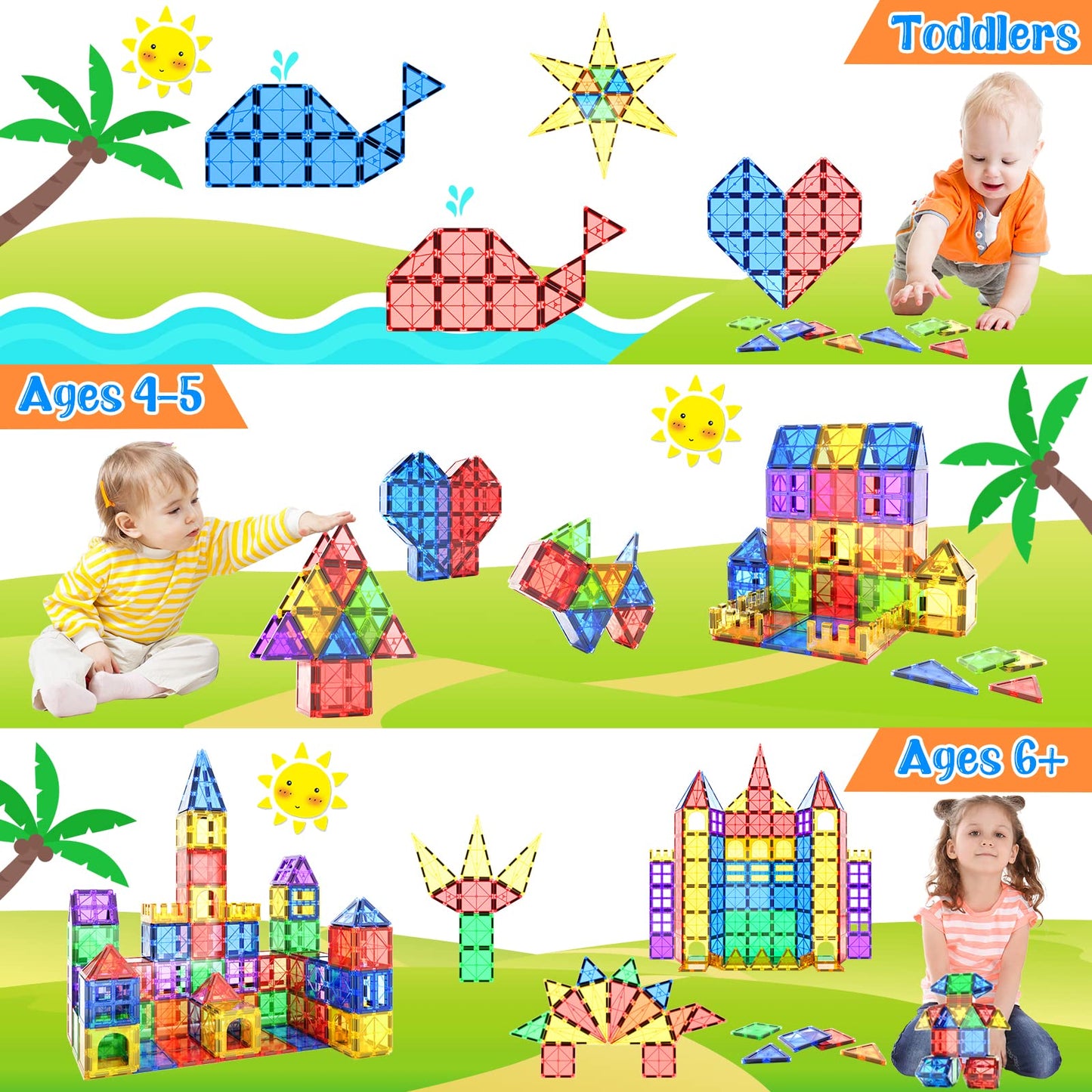 Magnetic tiles kids toy STEM magnet toy for toddler Magnetic blocks building toy Preschool learning Sensory Montessori toy for 3+ year old boys and girls