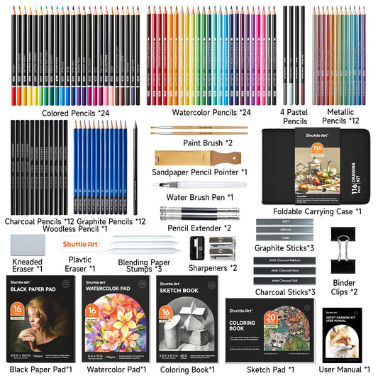Shuttle Art Drawing Set, 116 pieces art kit, includes colored pencils, drawing pens, watercolor pencils, and graphite pencils in a pencil case, suitable for children, adults for drawing.