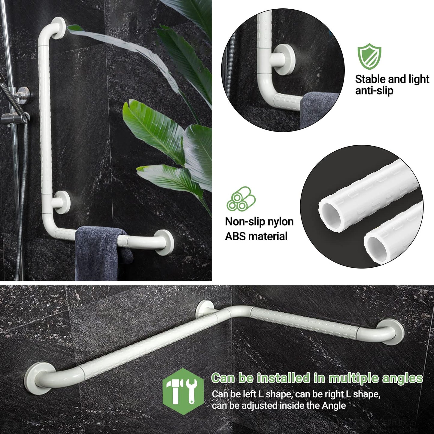 Shower Grab Bar, 60*40cm Safety Handle for Seniors, L-shaped Bathroom Safety Bar for Bathtub Wall Mount Grab Bar for Bathroom Toilet Stair Handrail