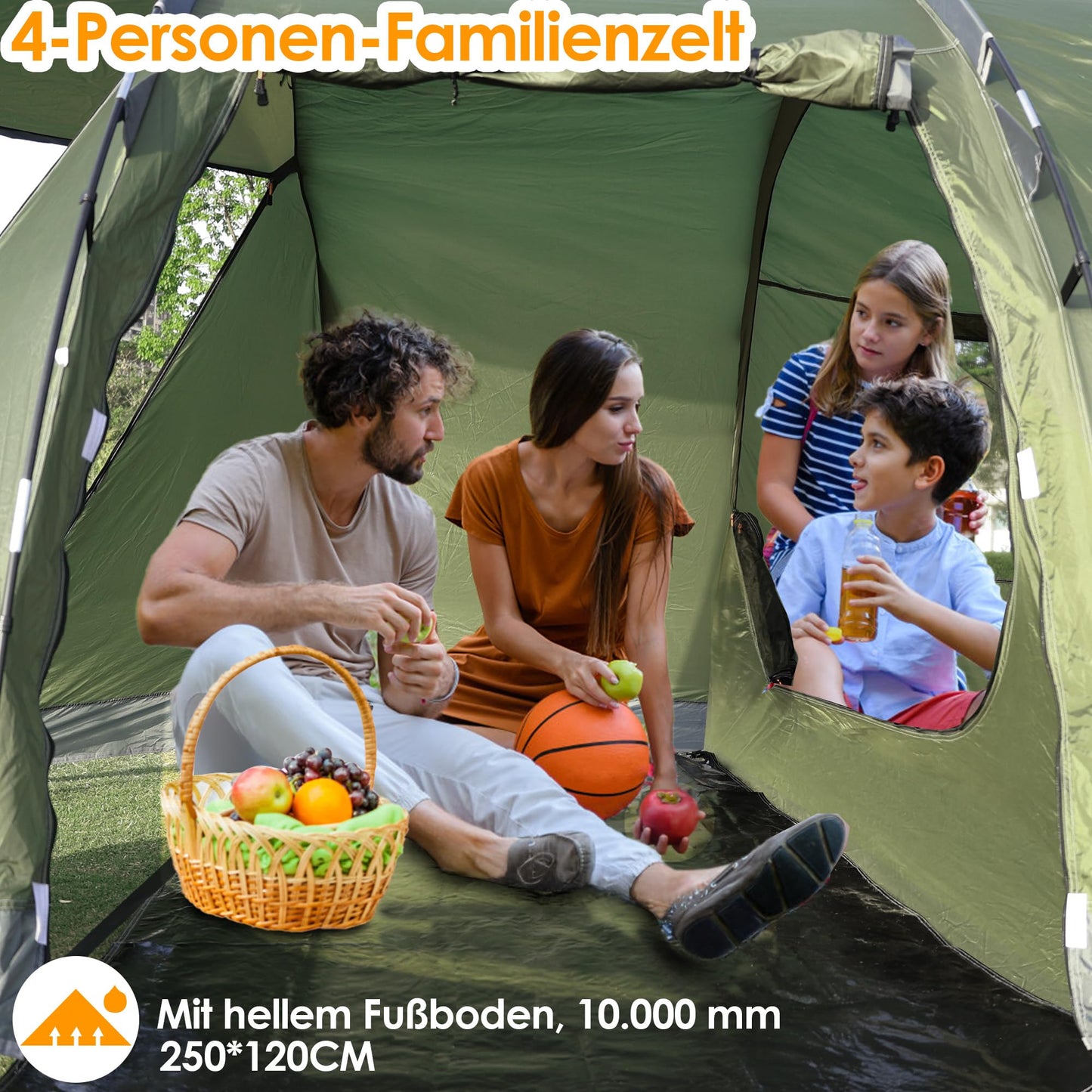 Camping tent for 4 people, 5000mm waterproof tunnel tent. Family tent, group tent, vestibule, sun shade, tipi tent. Large camping tent with sleeping cabin, glamping tent with removable tent floor.