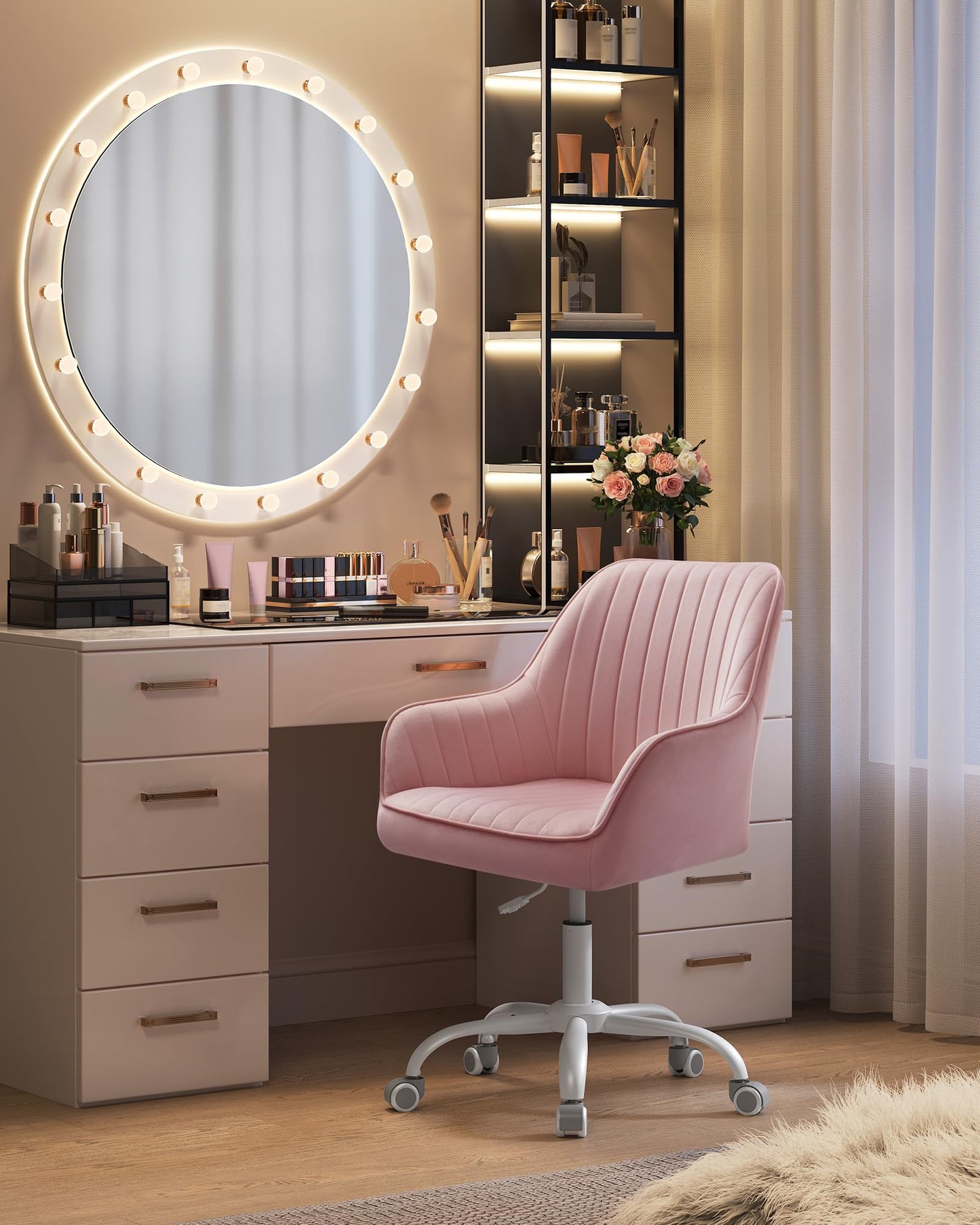SONGMICS Office Chair, Swivel Chair with Velvet Cover, Foam Padding, Height Adjustable, for Home Office, Bar, Pastel Pink OBG012R01