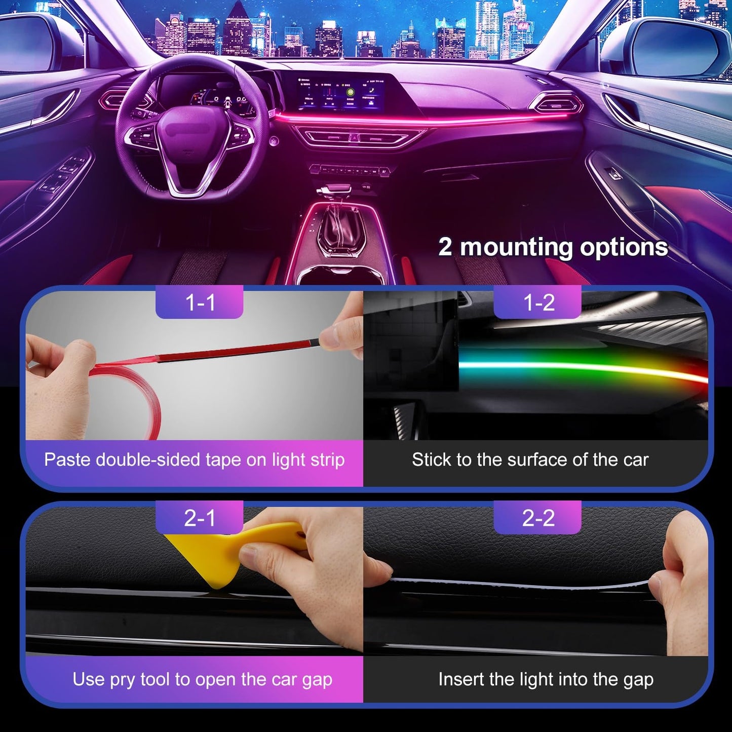 GPJYD Acrylic Car LED Interior Lighting, RGB Ambient Lighting Car Strip 110cm 146LEDs with 219 Scene Options, APP Control, USB Port Car interior lighting for gifts for men women