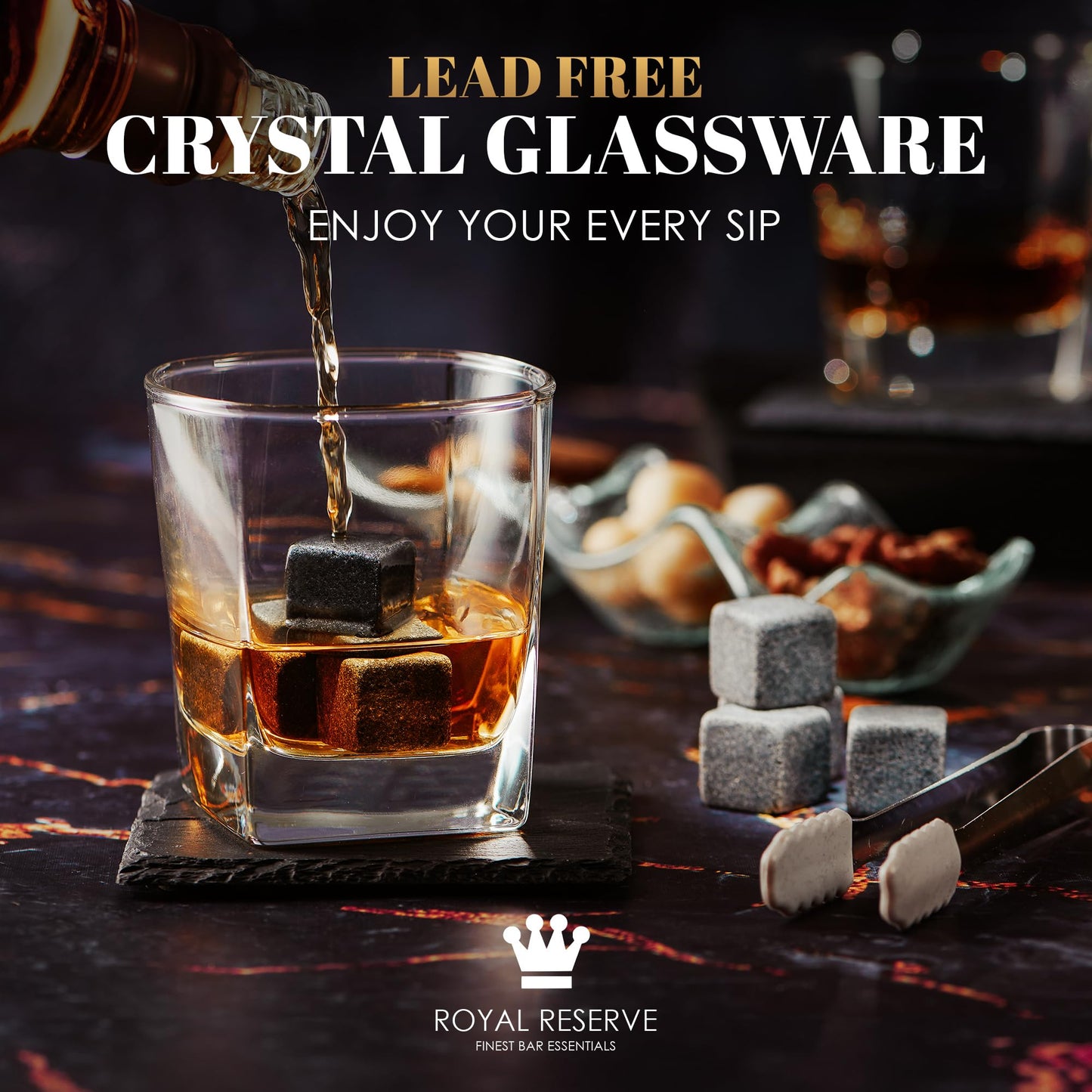 Whiskey gift set - whiskey glasses, stones, coasters, ice tongs, wooden box, history and recipe cards, velvet bag - accessory set, gift for men, husband, from Royal Reserve