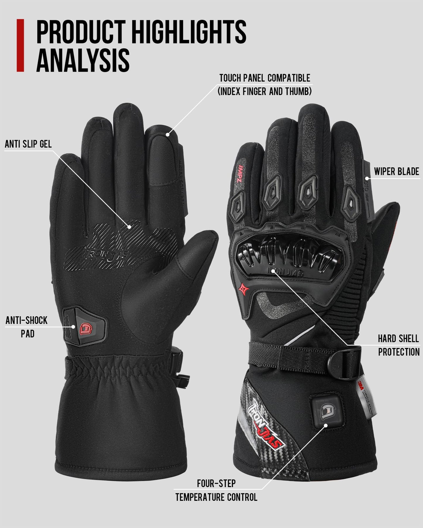 IRON JIA'S Heated Gloves for Motorcycle Men Winter 2025 New 3000mAh USB Charging 2-in-1 Cable Touchscreen Water and Windproof suitable for Riding Skiing and Mountaineering XL