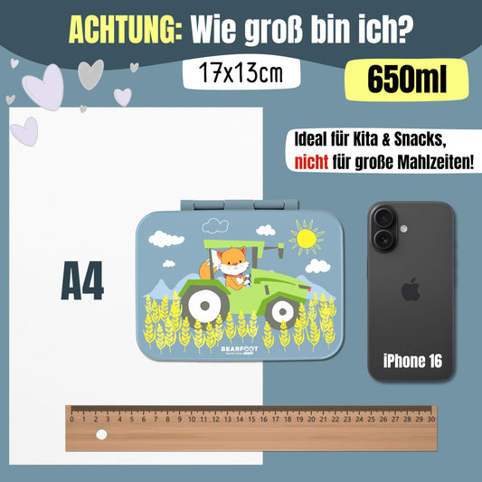 BEARFOOT Bento Box COMPACT | BPA-free kids lunchbox for school & kindergarten | Leak-proof lunchbox for girls & boys | Convenient, lightweight & compact (Tractor-blue, 650ml)