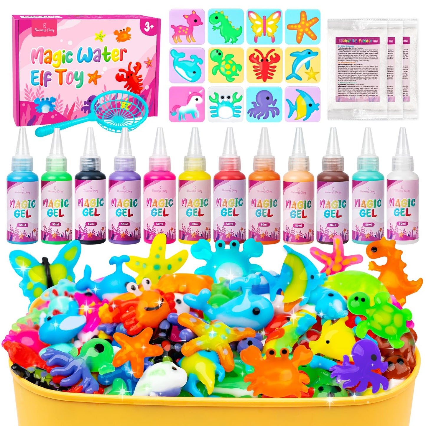 Eleanore's Diary Water Elf Kit, Magical Water Gel Toy, Creative magical elf water toy with 12 magic gel and 12 molds, Water painting sets for children 5 6 7 8 9 years old