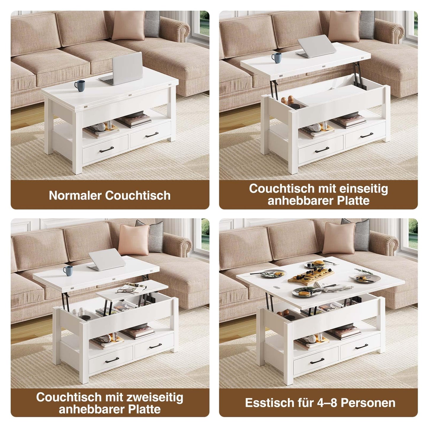 Rolanstar Adjustable Height Coffee Table, Living Room Table with Drawer & Hidden Compartment, Convertible Coffee to Dining Table, 100 x 50 cm Wooden Sofa Table, White