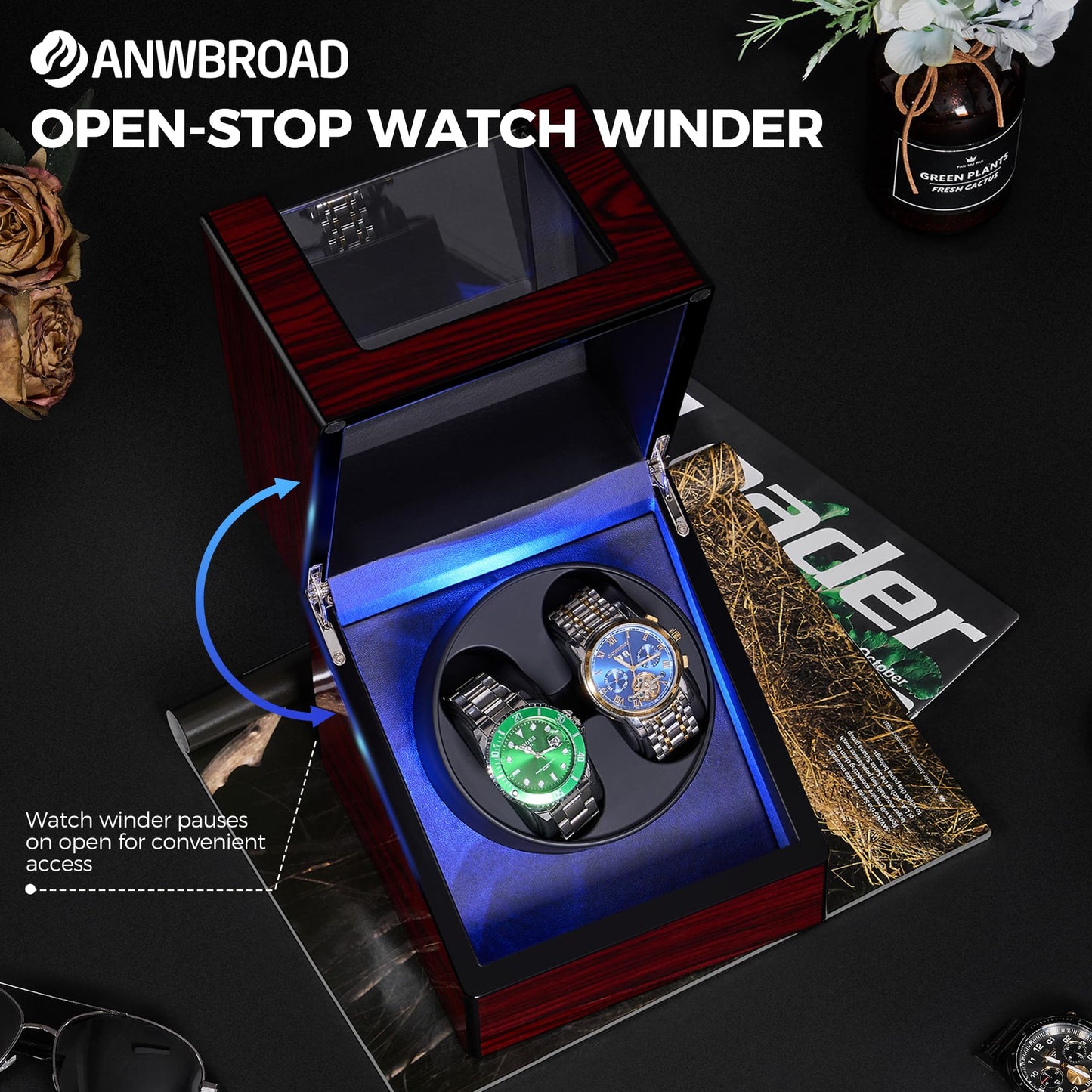 ANWBROAD Automatic Watch Winder Box 2 watches 4 rotation modes LED lighting & quiet Mabuchi motor luxurious Watch Winder for automatic watches Mechanical watch rotor Watch spinner JWW001Y