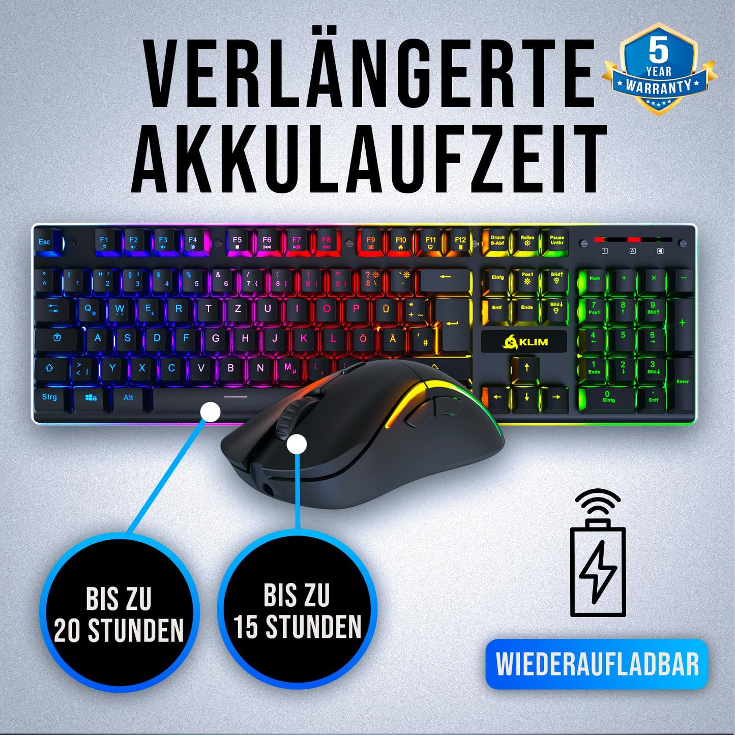 KLIM Thunder Wireless Gaming Keyboard and Mouse Combo - New 2023 - Wireless backlit keyboard with durable built-in battery + 4800 DPI RGB wireless gaming mouse for PC.