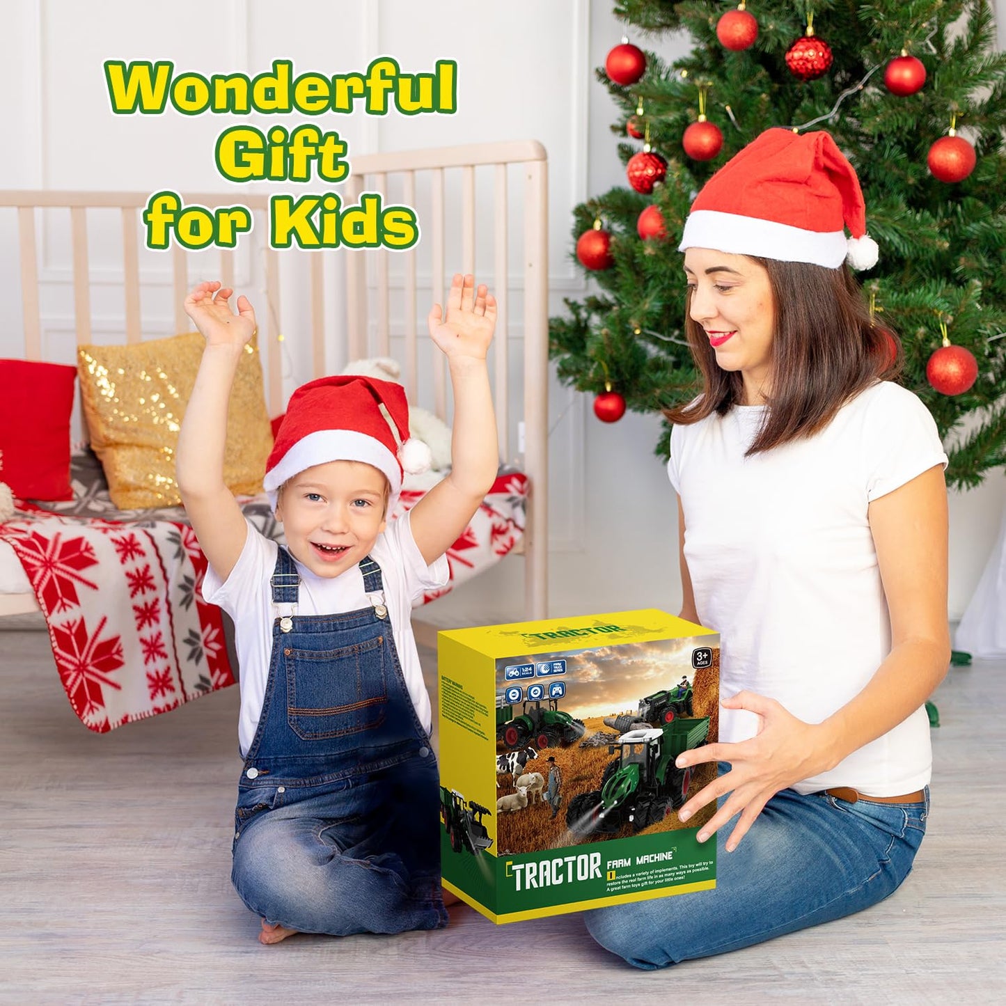 PENGBU RC Remote Control Tractor with Trailer, 2.4 GHz Remote Control Toy Tractor, Kids Tractor Remote Control with Front Loader, Trailer, Cow, Sheep, and Hay Bales for ages 3-8.