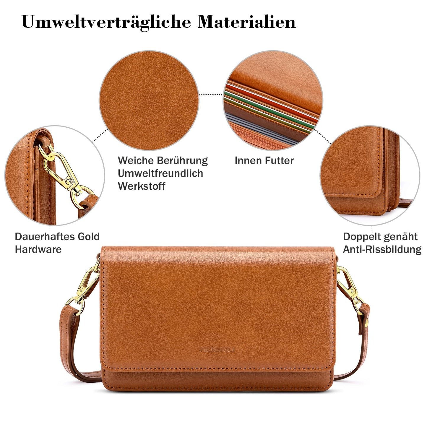 Nuoku crossbody bag for women, with wallet and functional compartments.