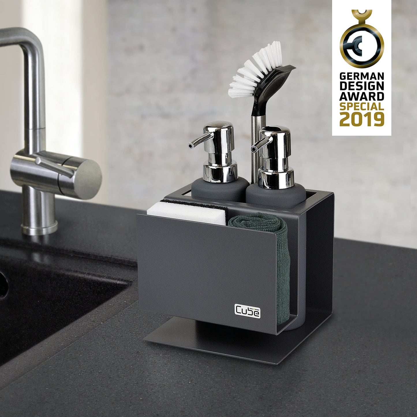 Cube sink organizer set Made in Germany: Award-winning kitchen organizer including soap dispenser & dish brush - Elegant & practical sink organizer for a tidy kitchen - Grey sink set.