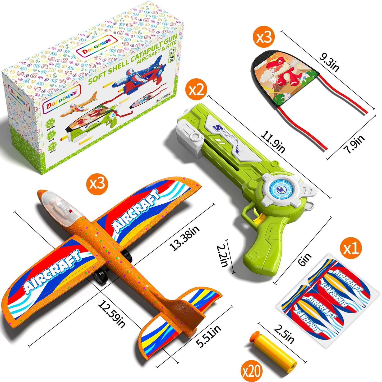Doloowee 4 IN 1 Airplane Launcher Toy, LED Foam Glider Aircraft Catapult, 3 Flight Modes, Outdoor Sport Flying Toy for 3-12 Year Old Boys Girls Birthday Gifts (Blue+Green)