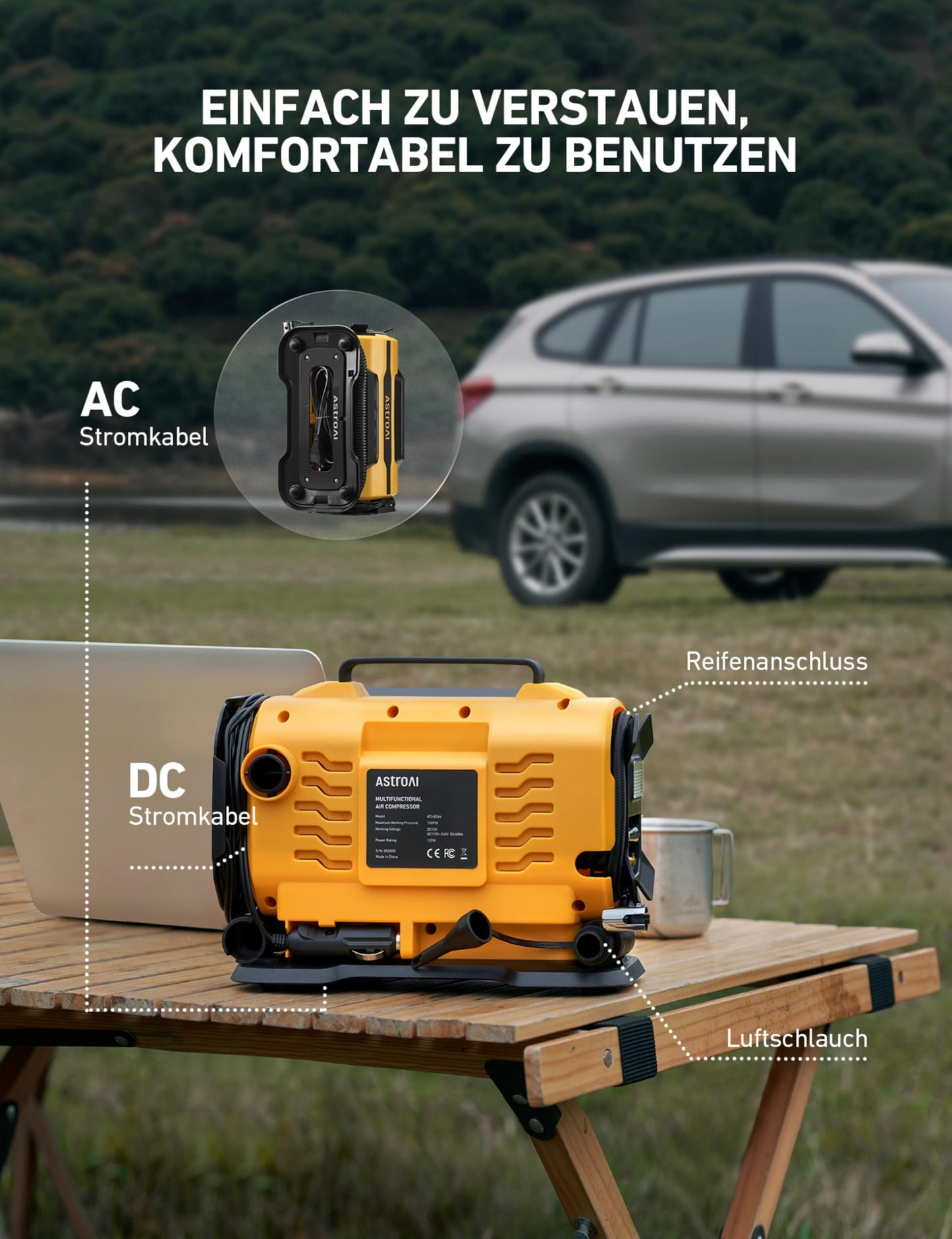 AstroAI Portable Air Compressor for Car 12V DC/230V AC Dual Power Sources, high-pressure up to 10.3 bar, max airflow of 350 L/min, versatile air pump for bike, car, inflatables, air mattress