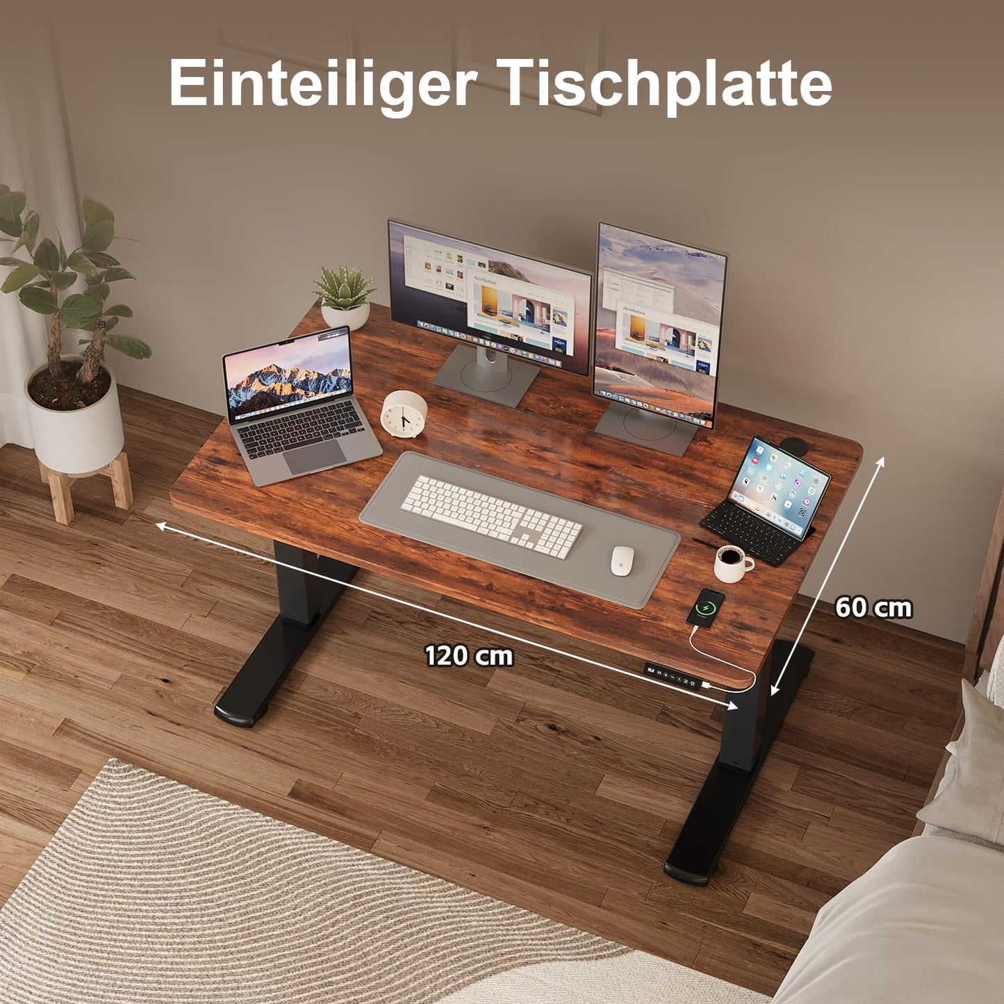 JUMMICO Adjustable Standing Desk COMPLETE TABLETOP Electric Height Adjustable Desk with Memory Function Standing-Sitting Table Computer Desk 120 x 60 cm Brown