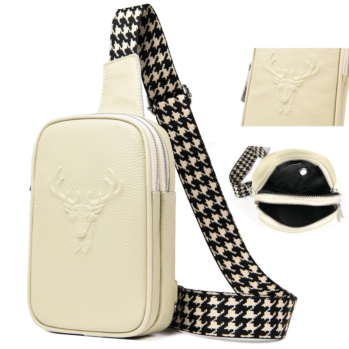 HUMEUHSU Beige Women's Chest Bag Small Shoulder Bag Sling Bag Leather Fanny Pack Wide Strap Women's Shoulder Bags Sweet and Stylish Relief Design for Outdoor Sports/Travel